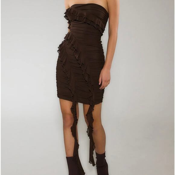 Rare London Dresses & Skirts - Rare London Mocha Brown Strapless Bandeau Ruffle Detail Mini Dress Womens US 8